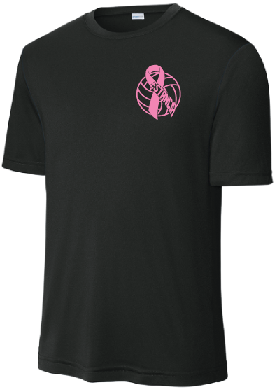 Black Estancia High School October T-shirt with a pink volleyball awareness ribbon graphic on the front.