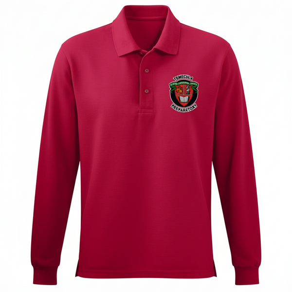 Red TPS long-sleeve polo shirt on a ghost mannequin with embroidered crest