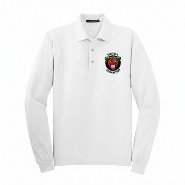 White TPS long-sleeve polo shirt on a ghost mannequin with embroidered crest