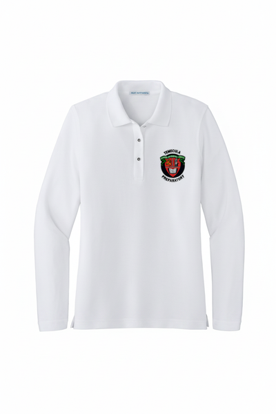 White TPS women's long-sleeve polo ghost mannequin